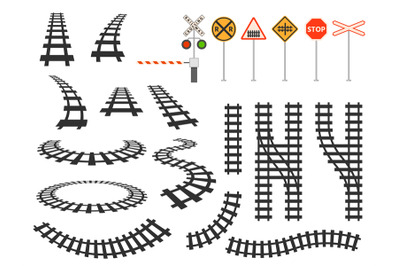 Train railway tracks curved silhouette, barrier and road signs. Railro