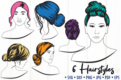 6 Hairstyles Bundle, Woman beauty, messy bun, Svg cut files