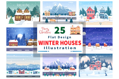 25 Christmas Winter Houses Background Vector