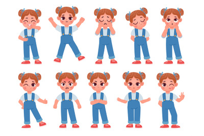 Cartoon cute little girl face emotions and expressions. Kid character