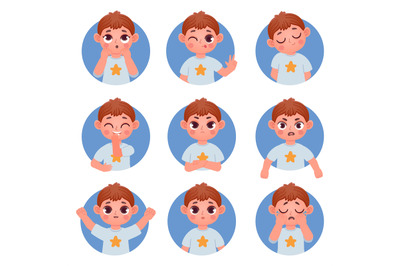 Cartoon little boy avatar face emotions and feelings. Child emoji conf