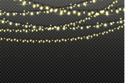 Christmas light garlands with bulbs on string for party background. Xm