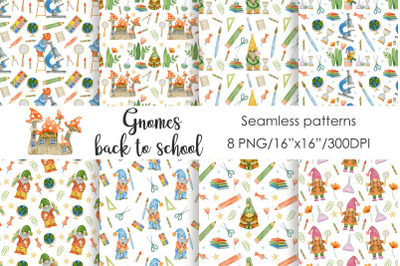 Watercolor gnomes back to school seamless patterns.