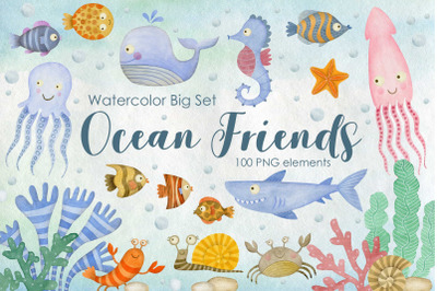 Watercolor Ocean Friends Clipart.