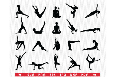 SVG Yoga Fitness, Black silhouette, Digital clipart