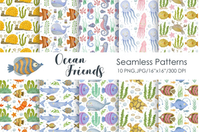 Watercolor seamless patterns ocean friends.