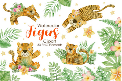 Watercolor Tigers Clipart. Tropical leaves and Flowers elements.