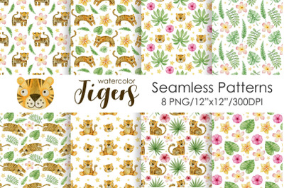 Watercolor seamless patterns tigers, tropical leaves and flowers.
