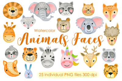 Watercolor animals faces clipart.