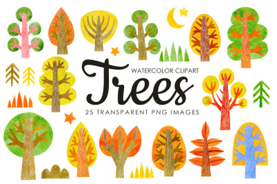 Watercolor autumn trees clipart.