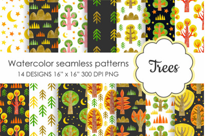 Watercolor seamless patterns autumn trees.