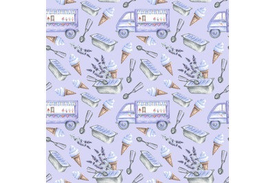 Lavender ice cream watercolor seamless pattern. Purple ice cream