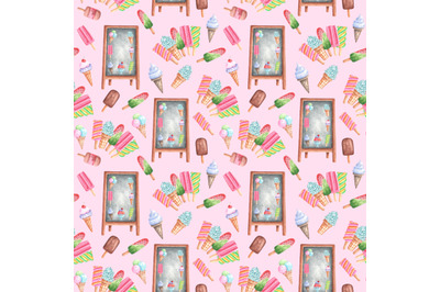 Ice cream dessert watercolor seamless pattern. Ice cream assorted. Set