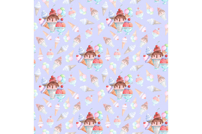 Ice cream watercolor seamless pattern. Dessert. Ice cream menu