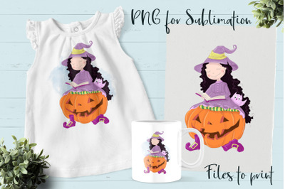 Halloween little witch sublimation. Design for printing.