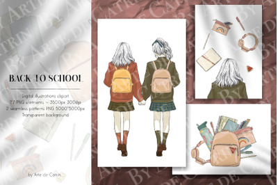 Back To School Clipart, School Girls, Sublimation, Seamless Pattern