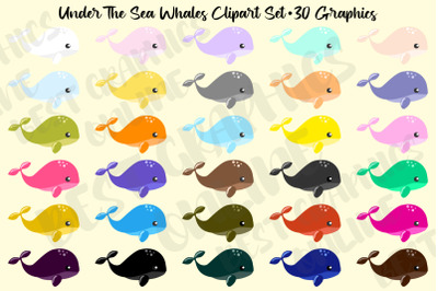 Under the Sea Rainbow Whales Clipart Set