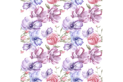Summer bouquet watercolor seamless pattern. Roses, rose hips, leaf