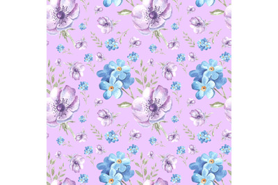 Delicate flowers watercolor seamless pattern. Forget-me-not, rosehip.
