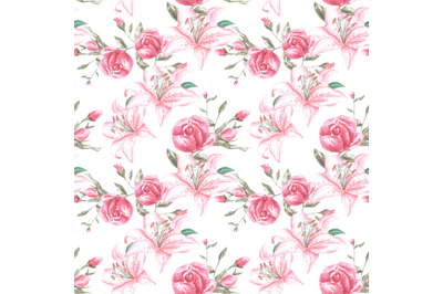 Roses and lilies watercolor seamless pattern. Pink flowers