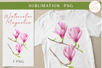 Watercolor Pink Magnolia Flowers Clipart. Sublimation PNG