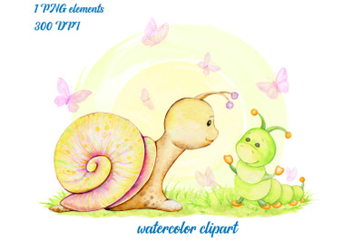 Watercolor animals, forest animals, insects. Snail, caterpillar, butte