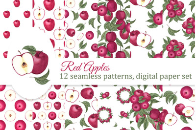 Red Apples digital paper pack, fall seamless pattern, autumn scrapbook