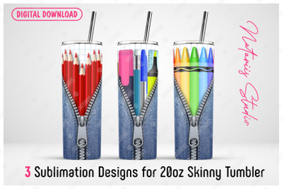 3 School Zipper sublimation templates - 20oz SKINNY TUMBLER.