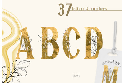 Floral gold foil alphabet clipart. Monogram letters, numbers