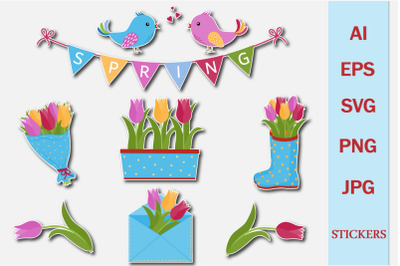 Spring bundle of stickers with birds and tulips