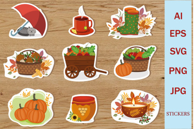 A set of cute bright autumn stickers for printing and decora