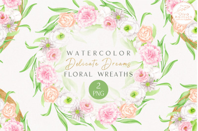 Watercolor Flower Wreaths PNG. Floral Wood Round Frames