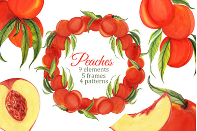 Peach watercolor clipart, peaches frames, seamless patterns, decoupage