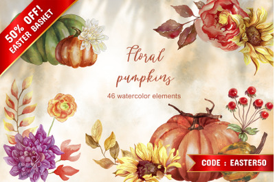 Pumpkin and sunflower Fall clipart Autumn floral sublimation