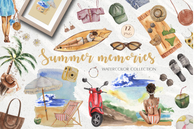 Watercolor Summer Clipart. Travel Girl, Seascape, Fashion Clipart PNG