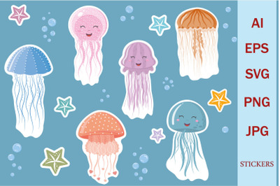 Cute jellyfish characters&2C; a set of stickers for printing