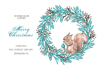 Christmas wreath clipart. Squirrel. Winter, New Year wreath.