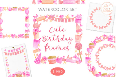 Happy Birthday Frames. Watercolor Cute Party Frame PNG