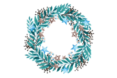 Christmas wreath watercolor clipart. Winter plants, leaves, branches.