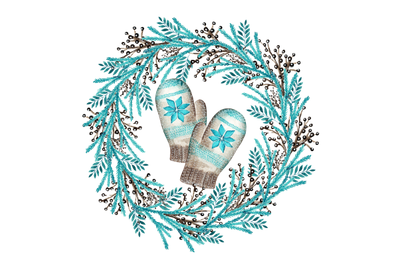 Christmas wreath and mittens watercolor illustration. New Year. Winter