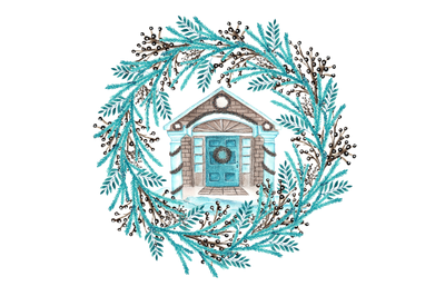 Christmas house in the snow. Winter illustration. New Year