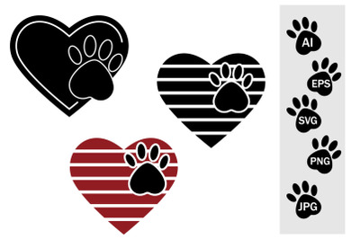 Set of dog&#039;s foot on the background of SVG heart