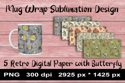 Mug Wrap Sublimation Design 15 oz. Retro Butterfly. 5 Designs.