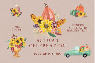 Autumn Celebration 15 Compositions - Thanksgiving Watercolor Clipart