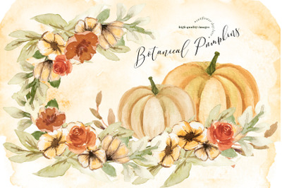 Watercolor Botanical Pumpkin Clipart&2C; Autumn Floral Leaves