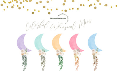 Colorful Whimsical Moon clipart&2C; Purple and Yellow moon