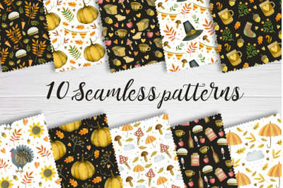 Watercolor thanksgiving day seamless patterns.