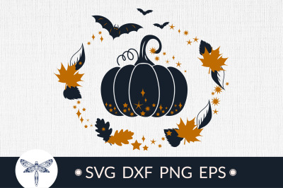 Thankgiving pumpkin silhouette with fall leaves \ Fall svg