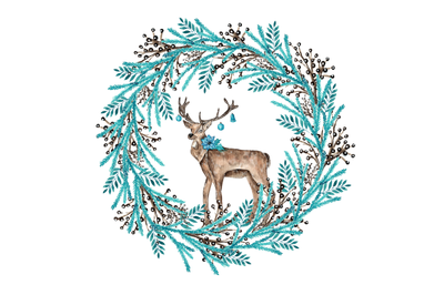 Christmas deer watercolor illustration. Christmas wreath. Winter card