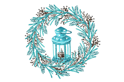 Christmas lantern watercolor illustration. Christmas wreath. Winter